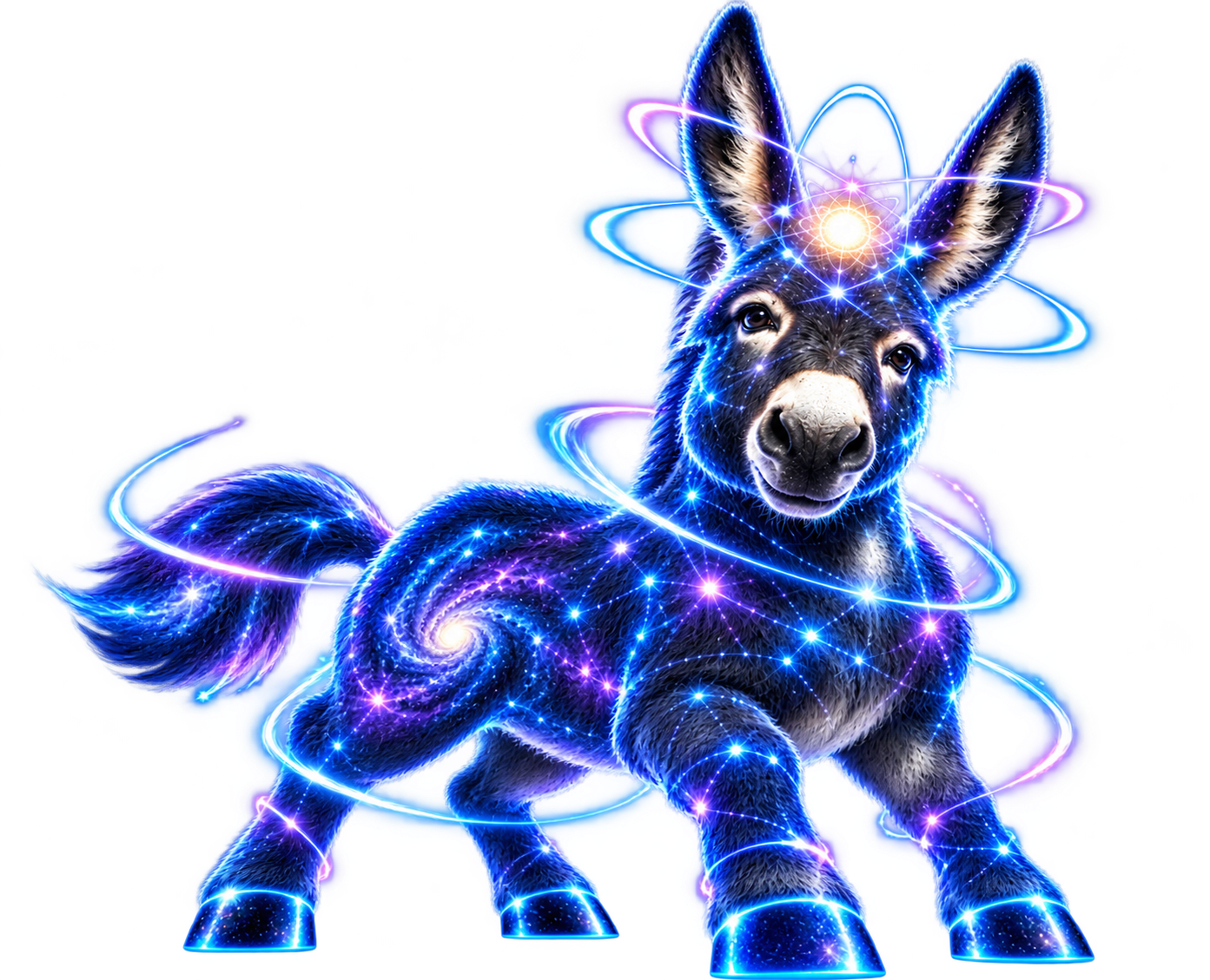 Quantum Donkey: a young charcoal-gray donkey glowing with blue and violet constellations, orbited by neon energy rings, with a golden quantum core above its forehead